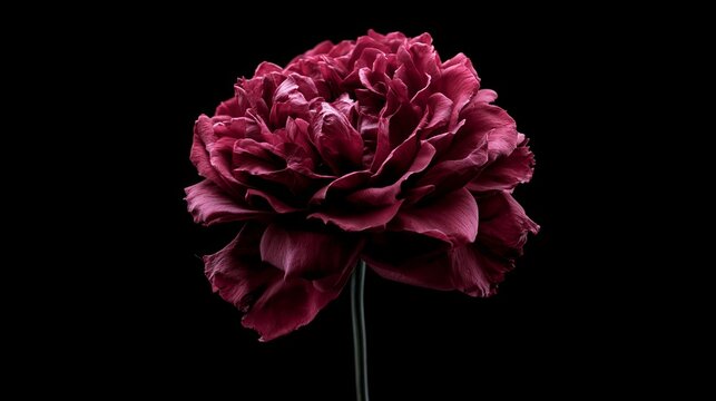 Crimson peony blossom elegantly poised against a stark black backdrop, highlighting deep shadows and subtle, dramatic highlights, concept for floral design