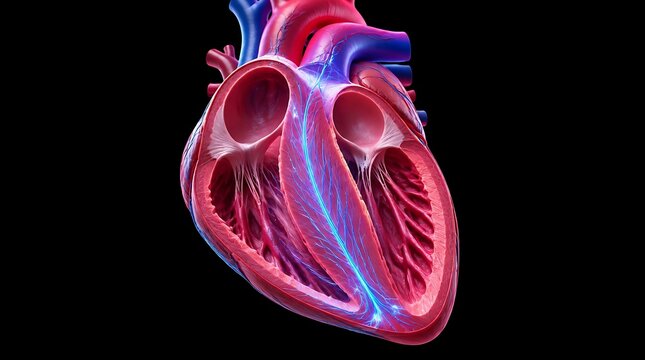 Detailed 3D medical illustration of a human heart with internal chambers and blood flow.