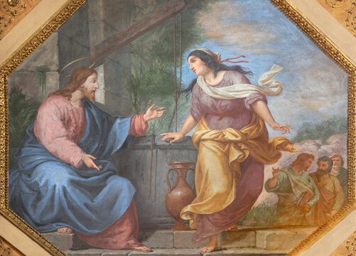 Monza - The fresco  fresco of the scene as Moses gets water from the rock in the church Chiesa di Santa Maria Maddalena by Giuseppe Carsana (1822 &ndash; 1889).
