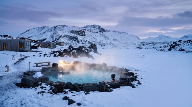 Woman relaxing in steaming hot spring pool surrounded by snow and rocks. Modern cabins and snowy mountains at twilight in winter landscape. Wellness retreat and travel concept.