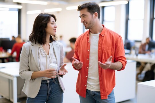 The Office Conversation Between Colleagues In A Modern Open Workspace