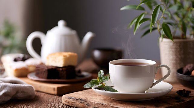 A steaming cup of tea sits beside a white teapot and assorted pastries on a rustic wooden table with greenery in the background