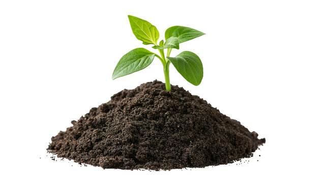 Small green seedling growing out of a mound of dark fertile soil