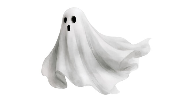 White sheet ghost with black hollow eyes and open mouth floating in the air