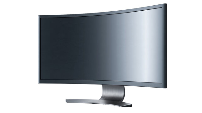 Modern curved computer monitor with sleek metallic stand and dark display screen