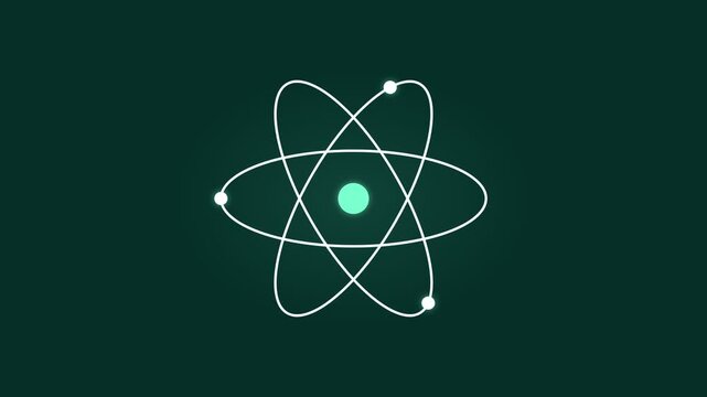 Minimalist atom model illustration with orbiting electrons on dark green background