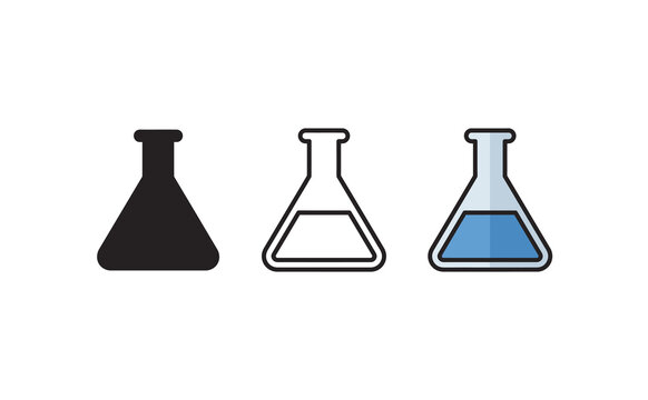 Laboratory flask icon set, chemistry beaker symbols in three styles, science experiment glassware vector illustrations