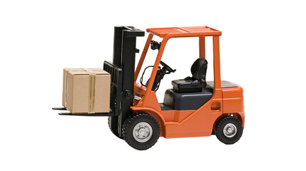 Orange industrial forklift carrying a cardboard box on its forks © Clementine