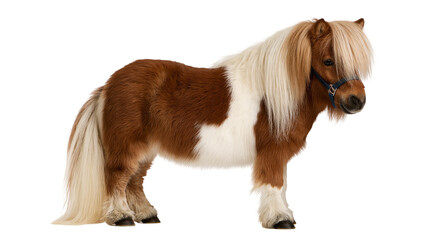 Brown and white miniature pony with long blonde mane and blue halter © Clementine