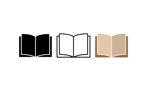 Minimalist open book icons set, flat vector book symbols for education, black and brown literature signs on white background