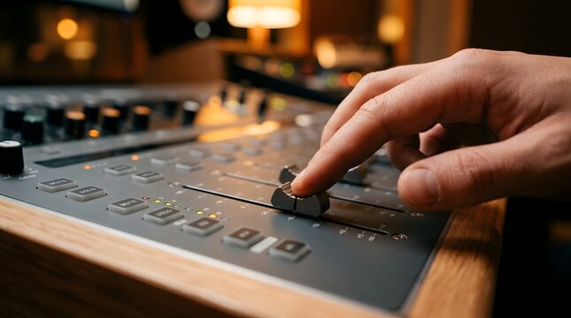 Sound Engineer Adjusting Audio Levels On Mixing Console In Studio
