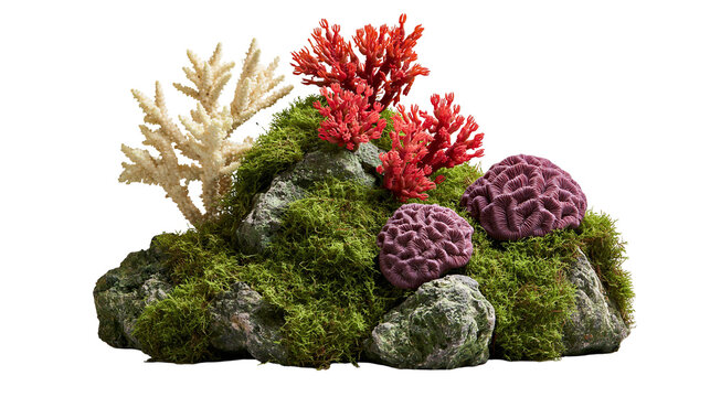 Decorative rock covered in green moss with red and white coral and purple brain coral