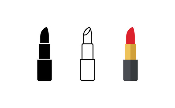Lipstick icon set in flat, line, and silhouette styles. Red lipstick vector illustration for beauty and makeup branding.