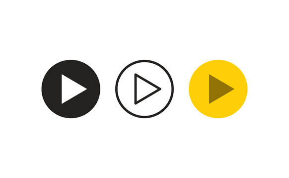 Minimalist play button icons set, circular media player symbols in black, outline, and yellow, UI design elements for video streaming