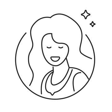 Delighted woman face icon line stroke icon, beauty girl portrait as cosmetic relaxation outline sign symbol, happy smile female as spa wellness care logo, sparkling young girl relaxed simple clip art