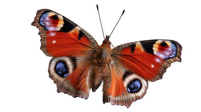 European peacock butterfly with vibrant orange and blue eyespot patterned wings