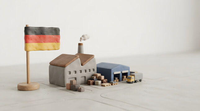 Miniature German factory scene with flag and warehouse