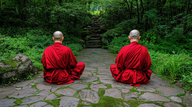 Quiet monastery garden with monks practicing meditation, peaceful Buddhist monk in red robe seeking spiritual serenity outdoors