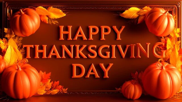 Elegant sign with the text &ldquo;Happy Thanksgiving&rdquo;, surrounded by animated fall leaves and pumpkins