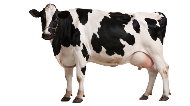Black and white Holstein dairy cow standing with a rope halter