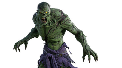 Fierce green zombie monster with glowing yellow eyes and tattered purple pants © Clementine