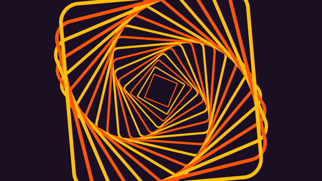 A geometric spiral of nested squares in orange and yellow gradients on a dark background, creating a hypnotic tunnel or vortex visual effect