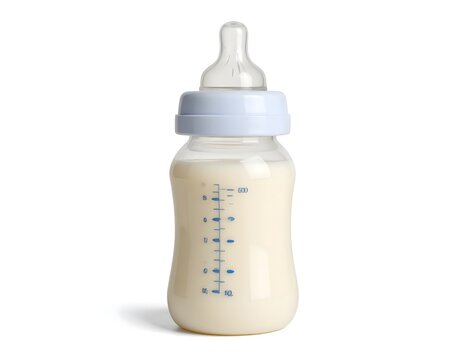 Plastic baby bottle filled with fresh milk isolated on a plain white background for infant care.