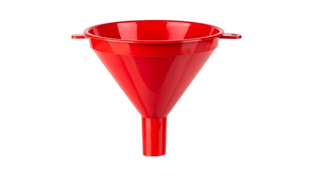Bright red plastic liquid pouring funnel isolated on a clean solid white background.