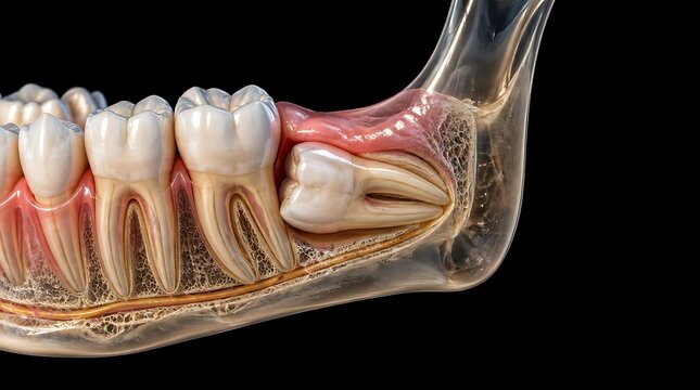 Medical illustration showing an impacted wisdom tooth in the human jawbone.