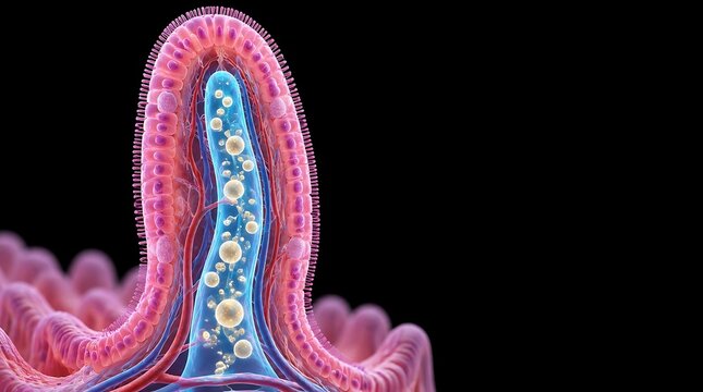 3D medical illustration of an intestinal villus with absorption process on black background.