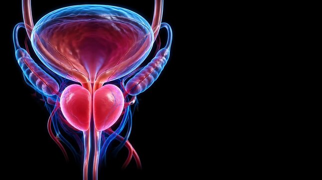 3D medical illustration of the human male urinary bladder and prostate gland anatomy.