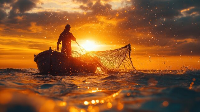 Fisherman casting a net from a boat during a golden sunset.