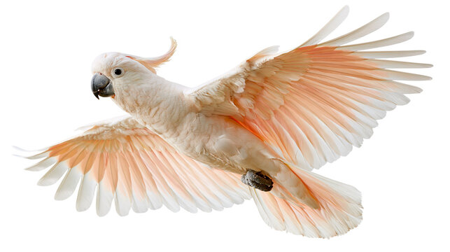 Moluccan cockatoo with salmon pink feathers flying with wings spread wide