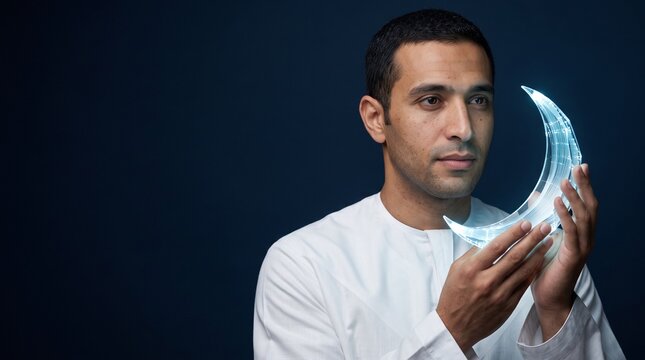 Man in traditional white attire holding luminous fiber-optic crescent moon against dark blue background, ramadan tech innovation and middle eastern corporate campaign concept with copy space