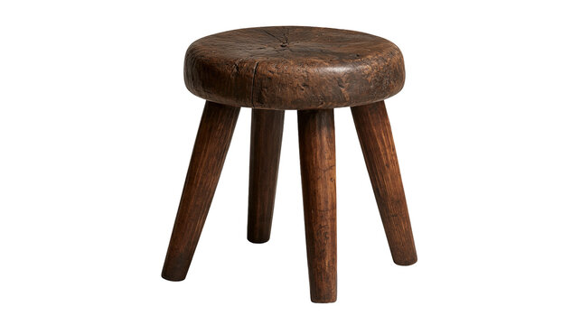 Rustic dark brown wooden stool with three legs and a thick circular seat