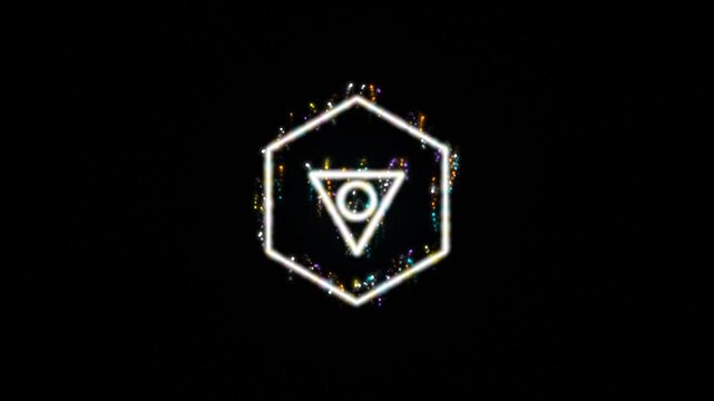 Abstract Glowing Hexagon Symbol with Triangle and Circle, Particle Formation