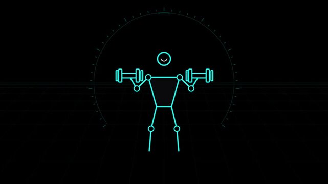 Neon stick figure lifting dumbbells digital fitness animation with motion background.