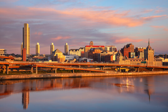 Albany, New York, USA. Aerial cityscape image of Albany, New York at beautiful summer sunrise.