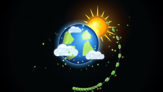 Eco-friendly earth animation with orbiting sun and green leaves for sustainability concepts with motion background.