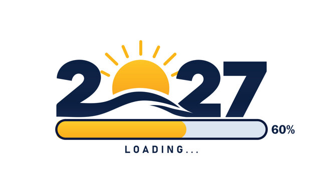 2027 loading concept with sunrise, ocean wave and 60 percent progress bar pro vector