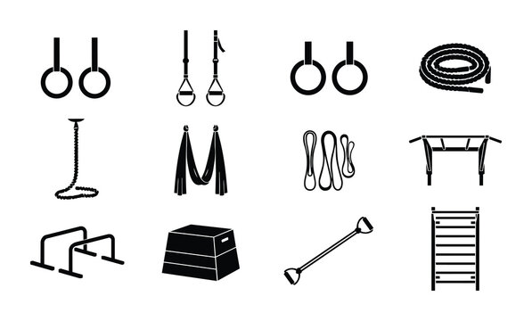 Fitness Equipment Icons Set, Gym Gear Vector Graphics, Workout Tools Collection, Sports Training Accessories, Exercise Apparatus Symbols