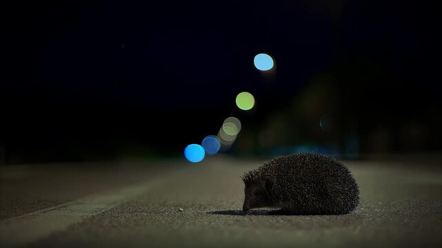 Small hedgehog walks on asphalt at night with bokeh lights in background