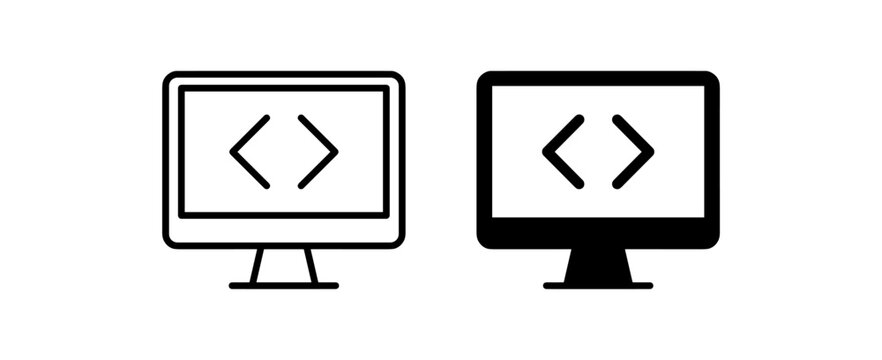 Computer monitor screen icons with coding symbols in minimalistic outline and solid black styles representing software development and programming concepts on transparent background