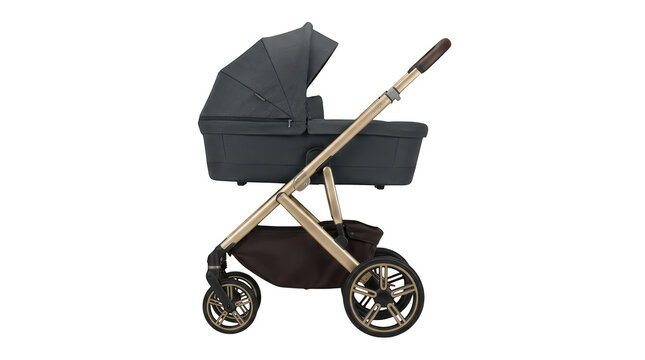 Modern baby stroller with adjustable canopy and storage basket during outdoor strolls Isolated on transparent background