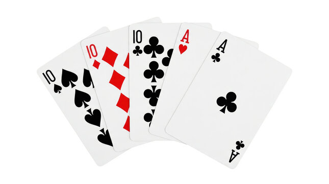 Poker hand with three tens and two aces during a game isolated on transparent background