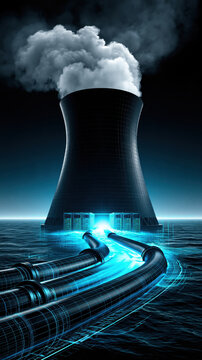 Industrial cooling tower steam plume ocean water pipeline network energy infrastructure power plant futuristic design blue light dark sky water surface