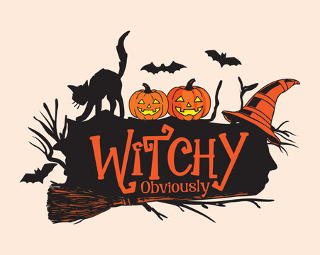 Witchy Obviously Halloween Typography with Black Cat and Pumpkins