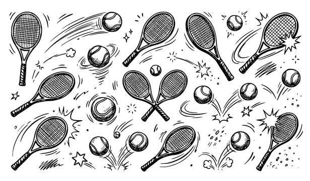 Hand Drawn Tennis Ball and Racket Doodle Sports Equipment Motion Vector Texture Set