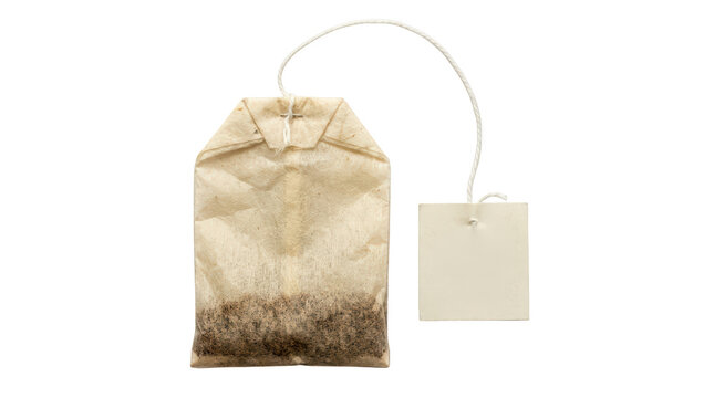 Tea bag with string and label isolated on transparent background