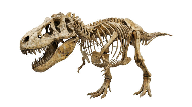 Tyrannosaurus Rex skeleton on a plain surface during daylight isolated on transparent background
